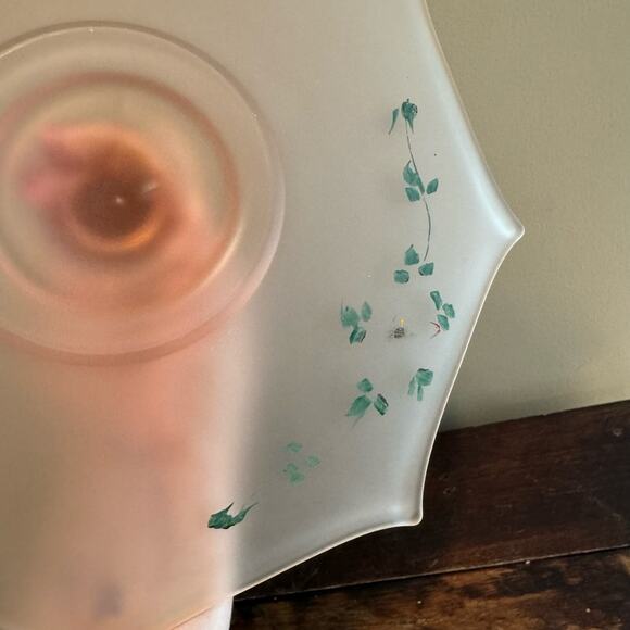 1930s Pink Depression Frosted Glass Handled Serving Tray Hand Painted Design - Picture 5 of 11